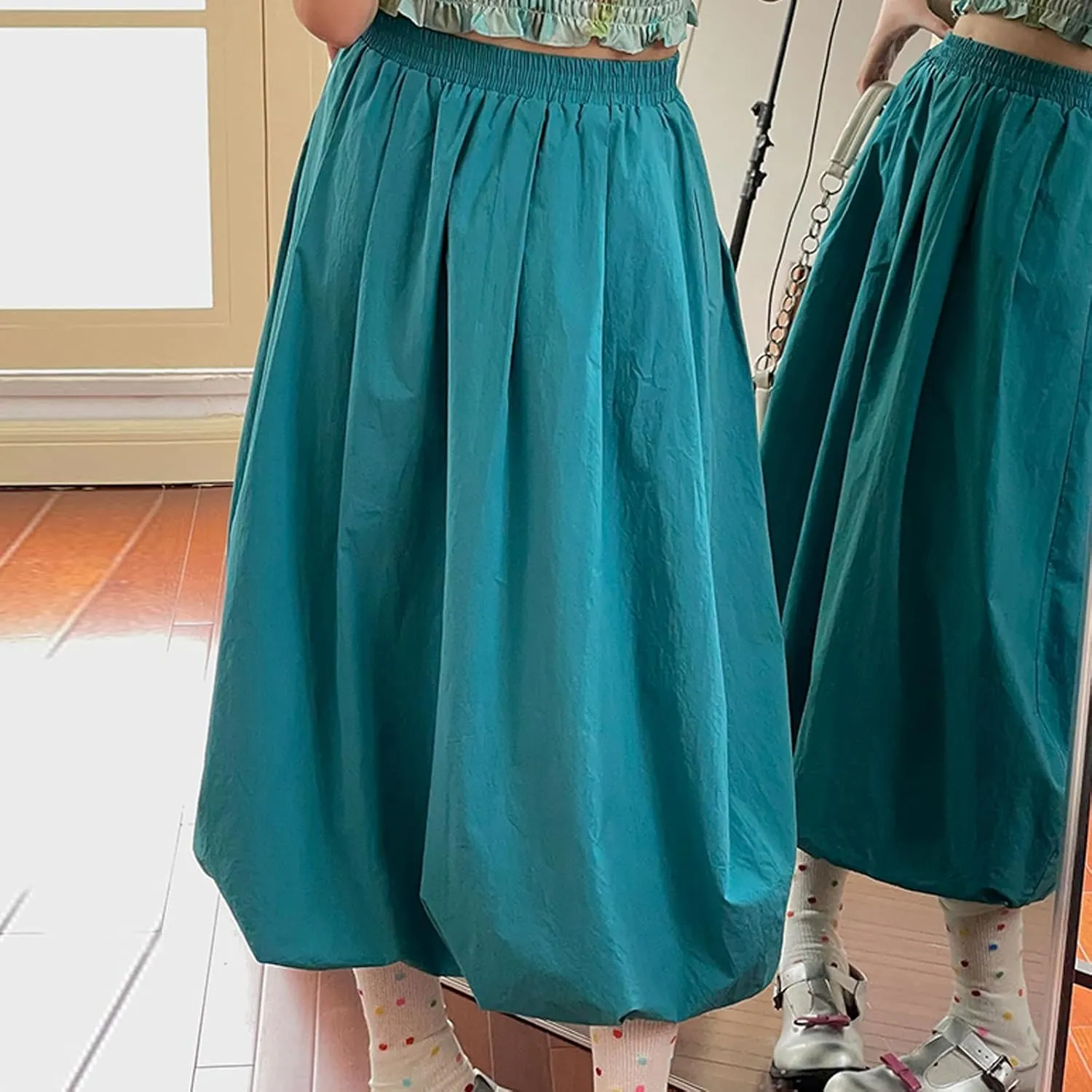 Y2k Bubble Midi Skirts for Women A Line Elastic Waistband Maxi Balloon Skirt Causal Party Long Pleated Dress