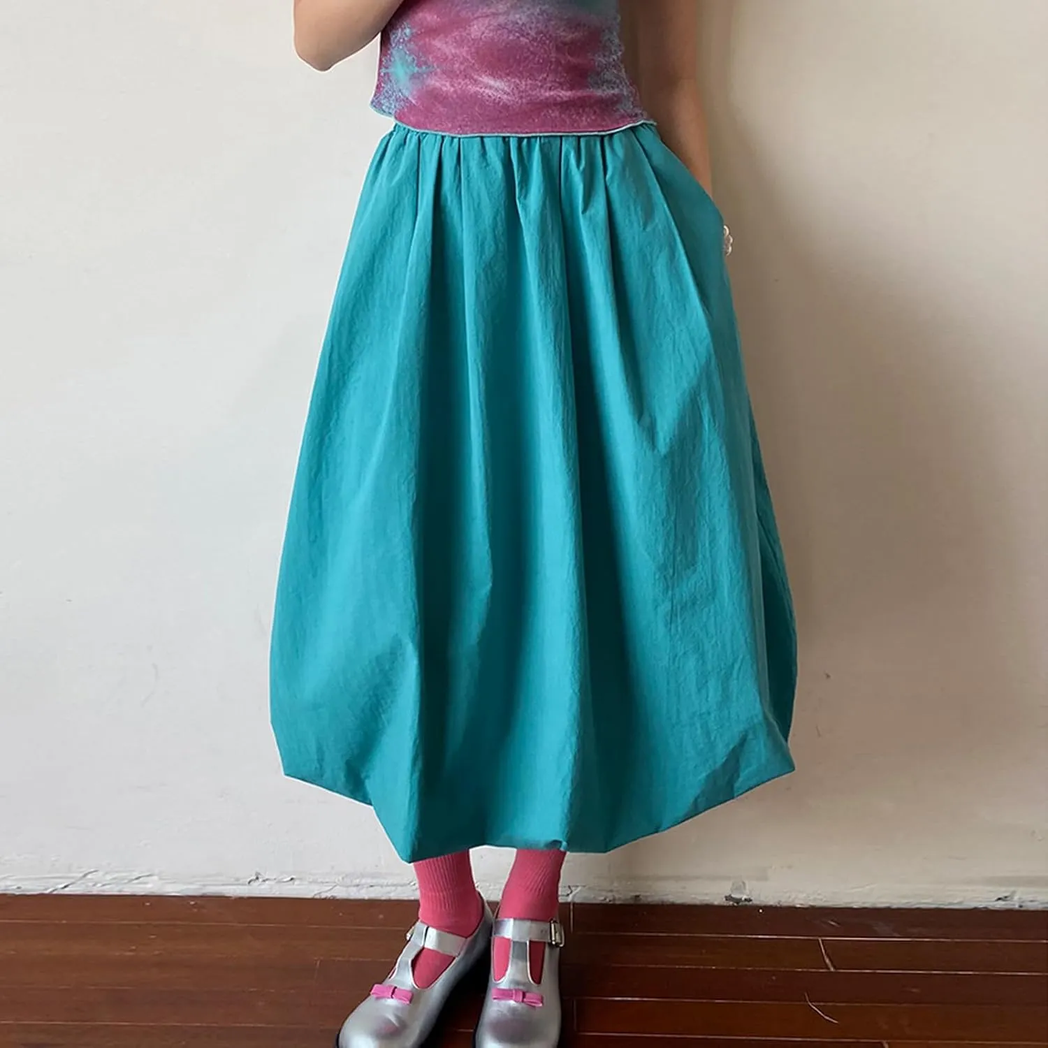 Y2k Bubble Midi Skirts for Women A Line Elastic Waistband Maxi Balloon Skirt Causal Party Long Pleated Dress