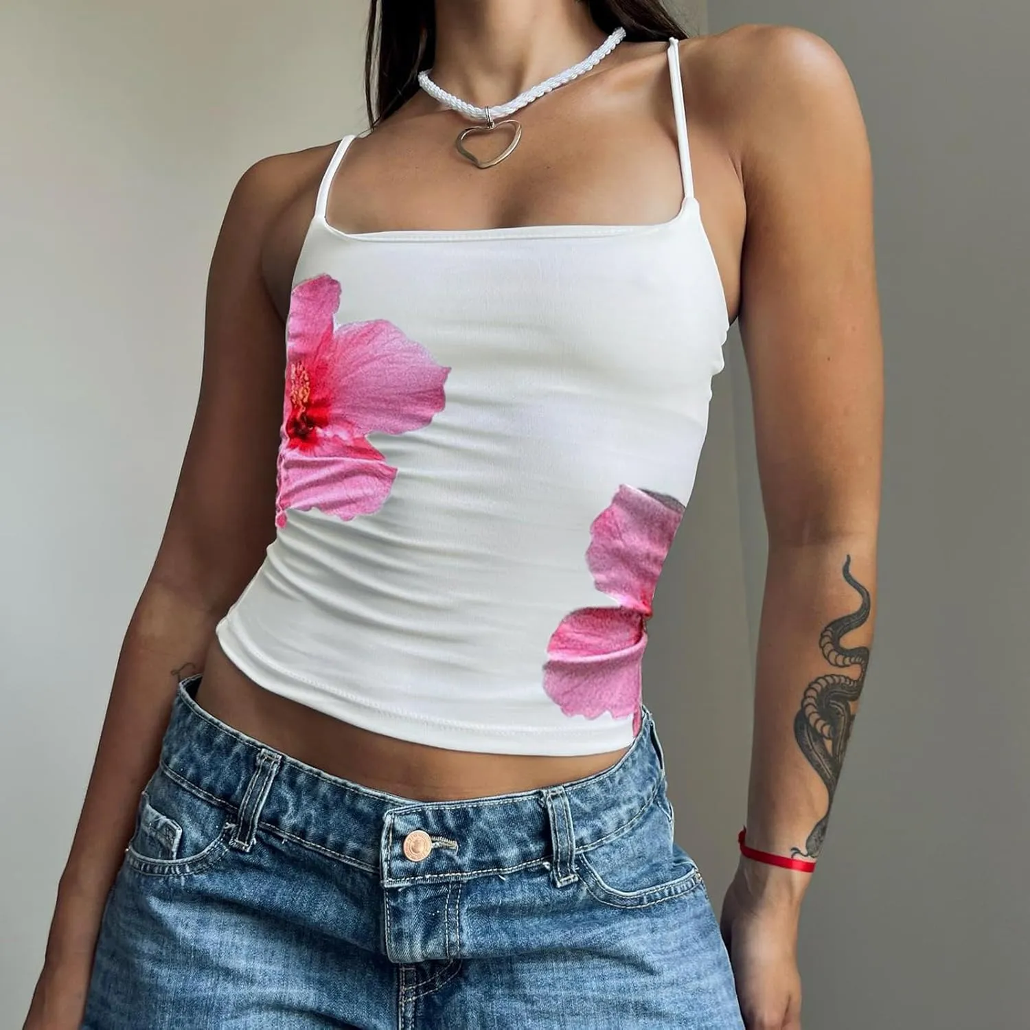 Y2K Floral Print Tank Top for Women Cute Flower Spaghetti Strap Slim Fit Crop Camisole Aesthetic Tank Tops Streetwear