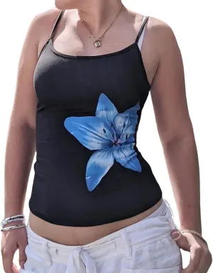 Y2K Floral Print Tank Top for Women Cute Flower Spaghetti Strap Slim Fit Crop Camisole Aesthetic Tank Tops Streetwear