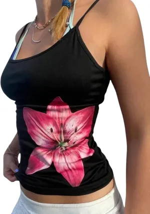 Y2K Floral Print Tank Top for Women Cute Flower Spaghetti Strap Slim Fit Crop Camisole Aesthetic Tank Tops Streetwear