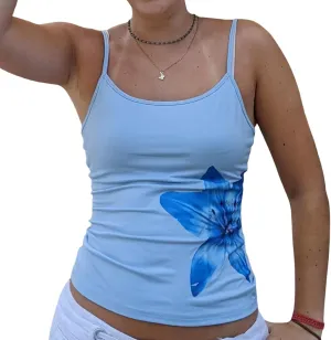 Y2K Floral Print Tank Top for Women Cute Flower Spaghetti Strap Slim Fit Crop Camisole Aesthetic Tank Tops Streetwear