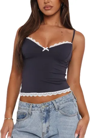 Y2k Lace Cami Crop Top for Women Sexy Backless Sleeveless Spaghetti Strap Camisoles Mesh Going Out Tank Top(F-1 Dark Blue Lace Trim,M)