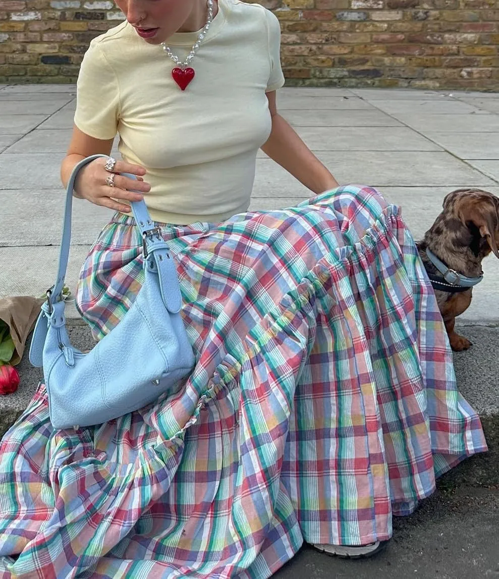 Y2k Plaid Tiered Maxi Skirt for Women Vintage Gingham A Line Long Skirt Summer Ruffle Flowy Swing Midi Skirt