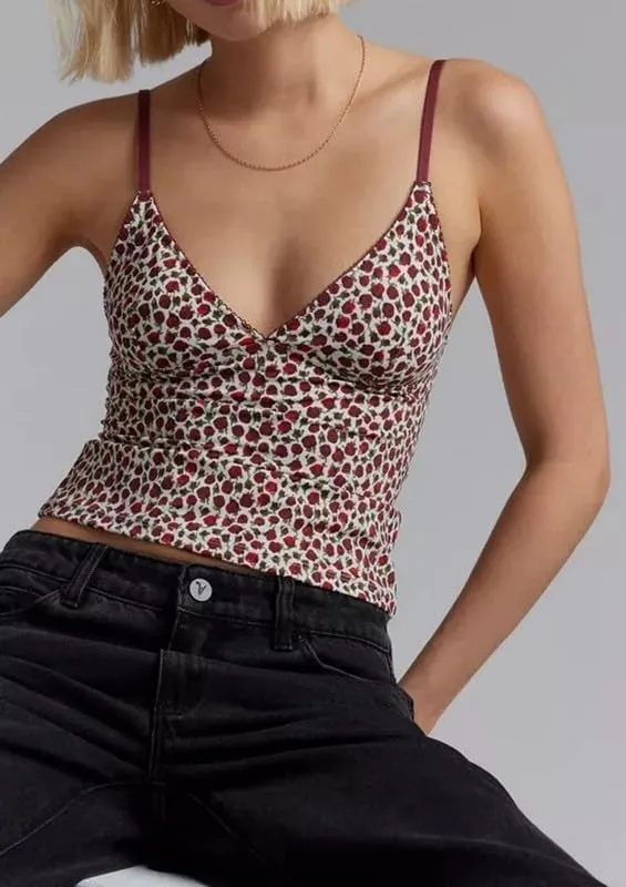 Y2K Vintage Polka Dot Mesh Camisole Spaghetti Strap V Neck Crop Tank Tops Lace Trim Backless Print Cami Sexy Streetwear