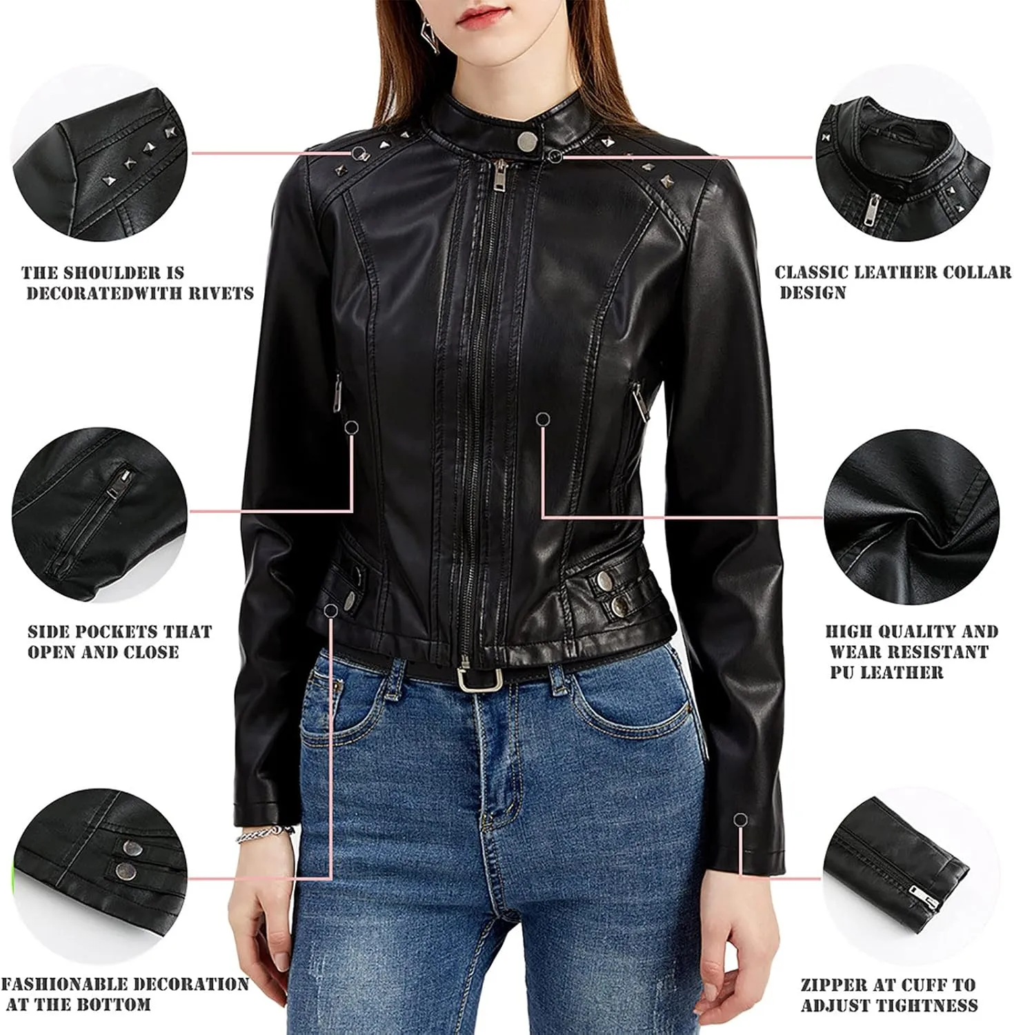 yardsong Faux Leather Crop Jackets for Women Zip Up Long Sleeve Short Coats Motorcycle Faux PU Moto Biker Outerwear